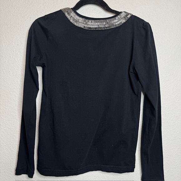 Tory Burch Black Long Sleeve V-Neck Beaded Collar Top Sz X-Small - Picture 2 of 7